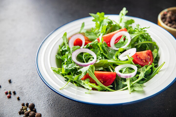 arugula and tomato salad vegetable in a plate fresh portion ready to eat meal snack on the table copy space food background rustic. top view keto or paleo diet veggie vegan or vegetarian food