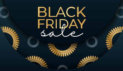 Fototapeta premium Blue Black Friday Sale Baner with Vintage Gold Pattern