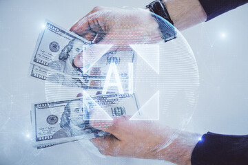 Multi exposure of technology drawing hologram and us dollars bills and man hands. Data concept