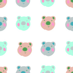 Colorful seamless pattern with cute bear faces. Perfect for T-shirt, textile and prints. Hand drawn vector illustration for decor and design.
