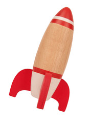 Wooden toy rocket isolated on white background. Vintage memory childhood concept. Dreaming about...
