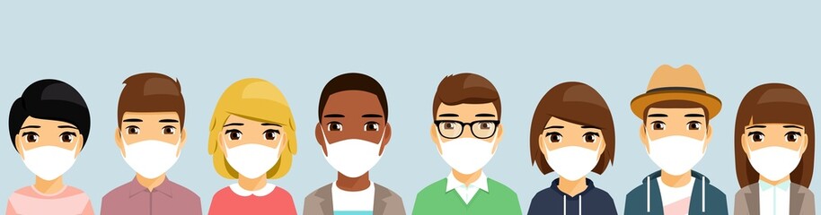 Fototapeta premium A group of people wearing medical masks protect from the virus . Young people, girls and boys stand next to each other. In a flat style. Cartoon. Vector illustration