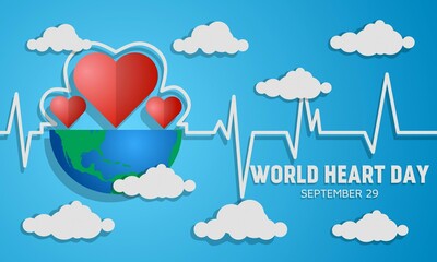 World heart day theme. With heartbeat line and globe, paper art and craft style, flat-style vector illustration. 