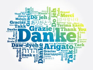 Danke (Thank You in German) word cloud background in different languages