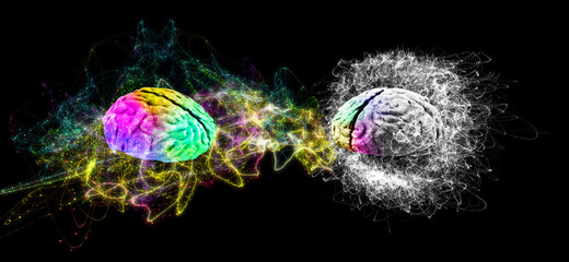 Naklejka premium Human brain, rainbow colors, a colorful energy field around it, good ideas, lgbt friendly thinking, good energy, positive thinking to another brain, getting inspired. Conceptual illustration