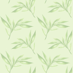Naklejka na ściany i meble Floral background with green leaves watercolour in hand drawn style. Green leaves seamless pattern on green. Foliage background for paper, textile, wrapping and wallpaper.