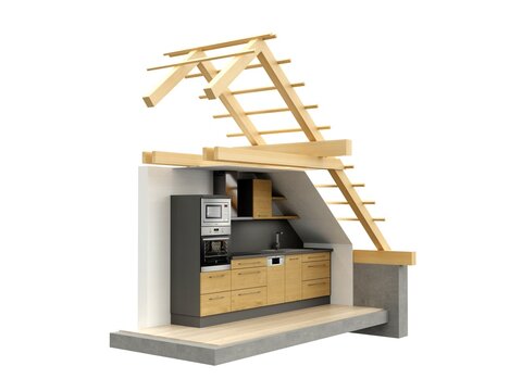 Stylized building with kitchen, 3D model