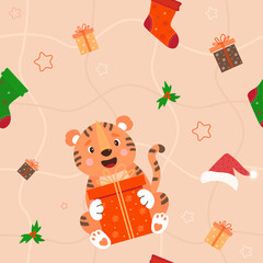 Seamless pattern with tiger and New Years decor. Cute animal with big gift on background with Christmas socks, Santa hat, mistletoe and stars. Vector illustrations for decor, textiles, wallpaper, prin