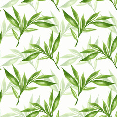 Floral background with green leaves watercolour in hand drawn style. Green leaves seamless pattern on white. Foliage  background for paper, textile, wrapping and wallpaper.
