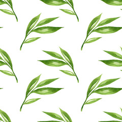 Floral background with green leaves watercolour in hand drawn style. Green leaves seamless pattern on white. Foliage  background for paper, textile, wrapping and wallpaper.