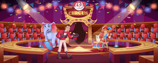 Circus show with animal handler. Trained animals performing on scene. Jester girl and tamer man on round arena with big elephant with ball and funny dog . Stage performance cartoon vector illustration
