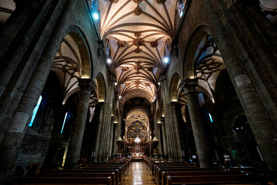 Jaca, Huesca September 10, 2021, inside the cathedral of Jaca, photo with wide angle.
