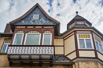 View to the German medieval town Dannenberg. You can see the facade of a historic house with half-timbered architecture.