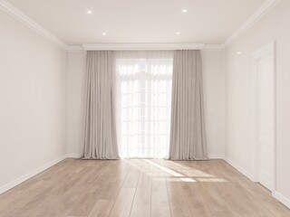The classic white room has two windows and white gray curtains and wooden floors on sunny days.
