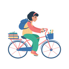 Obraz premium Girl riding a bicycle to school. flat style illustration.