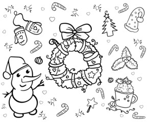 Christmas Toys and Snowman, Vector Winter Coloring For Holiday