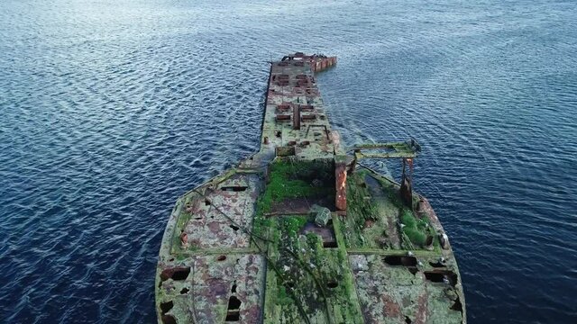 Slow motion, Wreck of Juniata, an old abandoned ship at Inganess Bay on the mainland of Orkney, Scotland.