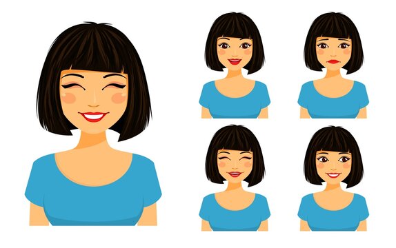 Set of emotions. Young cute girl shows different emotions. Sad, surprised, happy, laughing. Flat style on white background. Cartoon 