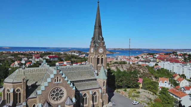 Neo-Gothic Architecture Style Of Lysekil Church In Bohuslan, Vastra Gotaland, Sweden. - aerial