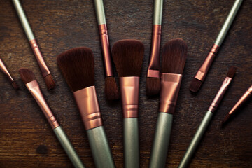 closeup photo of a selection of makeup brushes - 459322713