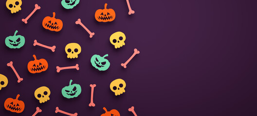 Halloween banner background with pumpkins, bones, skulls and copy space in 3D rendering. Happy Halloween flyer template with stuff in paper cut style