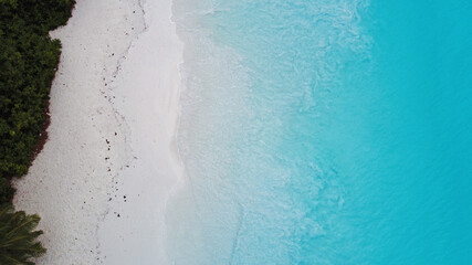 Aerial view of a beautiful beach with emerald water and white sand in the Seychelles.