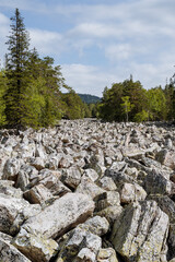 Panoramic hades of a stone river in Taganay National Park. There is a dense forest around the river.