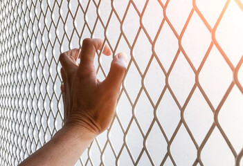 Hand holding steel mesh, The prisoner's hand captured the steel grate for freedom. The prisoner...