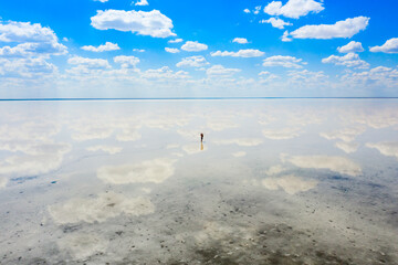 amazing panorama of Lake Elton on a summer day, beautiful sky with clouds and its reflection in the...