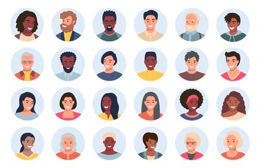 Set of persons, avatars, people heads of different ethnicity and age in flat style. Multi nationality social networks people faces collection. - 459324386