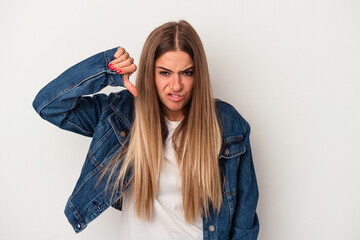 Young Russian woman isolated on white background showing a mobile phone call gesture with fingers.