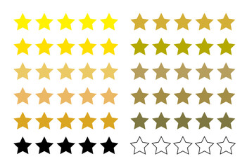 Five stars customer product rate. Golden and Black set of Stars, isolated on transparent background. Flat vector icon in modern simple style for web, apps.