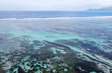 Fototapeta na wymiar Top view of a beautiful emerald beach with corals in the Seychelles