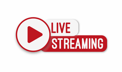 Live stream flat logo - red vector design element with play button. Vector illustration