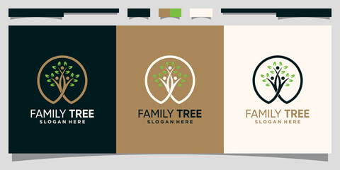 Family tree logo design template with circle line art style Premium Vector