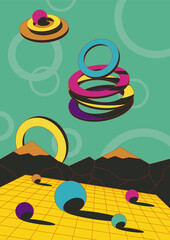 1980s Abstract Space Illustration, 3D Geometric Shapes, Circles and Balls, Perspective Grid, Vintage Colors