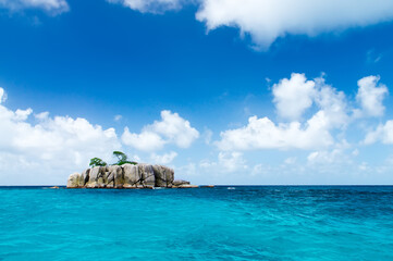 Deserted rocky island in the ocean. Covered with sparse vegetation and trees. The Seychelles.
