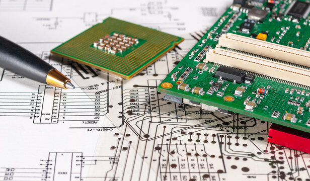 Electronic board and processor lie on background of schematic circuit diagramm and photomask for the manufacture of printed circuit boards. Concept for  development and design of electronic devices.