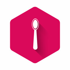 White Disposable plastic spoon icon isolated with long shadow. Pink hexagon button. Vector Illustration