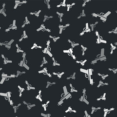 Grey Pistol or gun icon isolated seamless pattern on black background. Police or military handgun. Small firearm. Vector