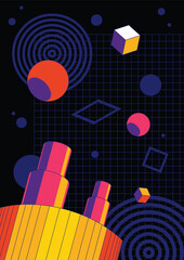 1980s Abstract Space Illustration, Vintage Color 3D Geometric Shapes, Balls, Circles, Grid