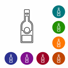 Black line Glass bottle of vodka icon isolated on white background. Set icons in color circle buttons. Vector