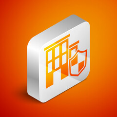 Isometric House with shield icon isolated on orange background. Insurance concept. Security, safety, protection, protect concept. Silver square button. Vector.