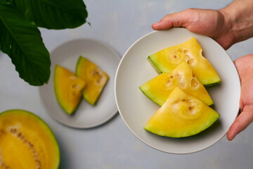 yellow watermelon slices on white background