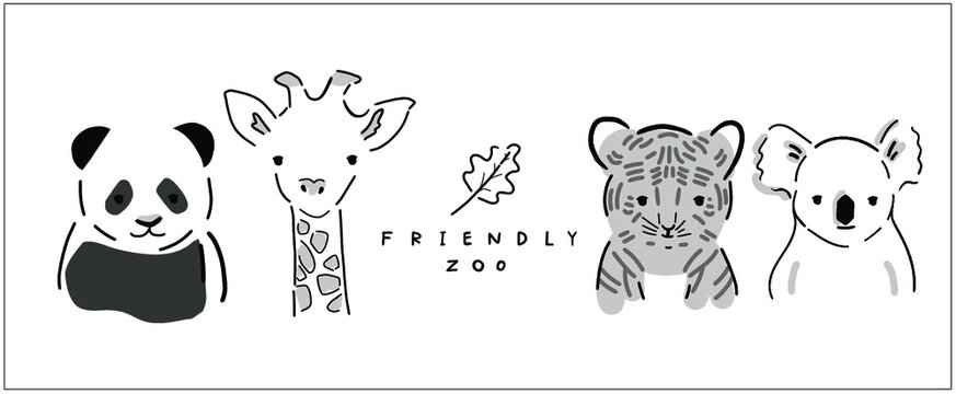 Sweet animal vector illustration set in hand-drawing. Cute animal head shot picture of panda bear, giraffe, tiger, and koala with hand lettering - Friendly Zoo - 