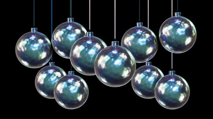 Obraz na płótnie Canvas Realistic 3D illustration of the hanging silver metallic iridescent vintage Christmas balls against black