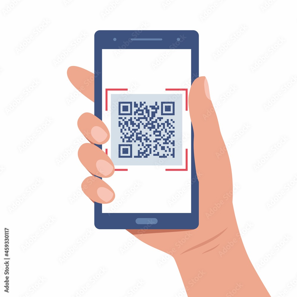 Poster Hand holds a smartphone with a QR code on the screen. QR code scanning or capture mobile phone. Icon recognition or reading qr code. Vector illustration in flat style.