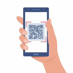 Hand holds a smartphone with a QR code on the screen. QR code scanning or capture mobile phone. Icon recognition or reading qr code. Vector illustration in flat style.