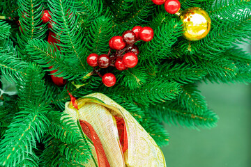 Beautiful winter background. New Year background with spruce and decorations. Winter Christmas scene. Red balls on fir branches, winter snowy backdrop. template for design.