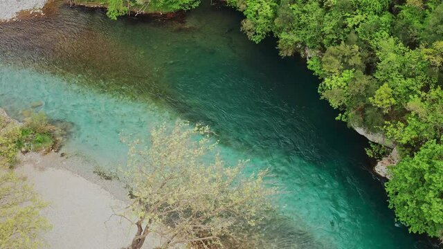 4K aerial footage of Voidomatis river, Vikos&ndash;Aoos National Park. Pindus mountain. Papingo bridge. Ioannina region. Greece.